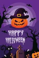 Halloween party invitation with scary pumpkin and a full moon, halloween illustration, Happy Halloween party poster vector, graveyard, candies and scary pumpkin vector