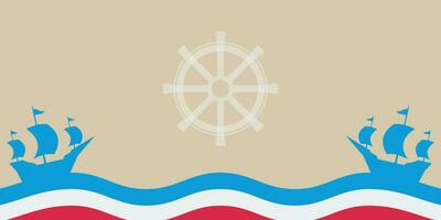 Columbus Day celebration background with ship silhouette icon and free copy space area. american flag color design, vector for banner, greeting card, poster, web, social media.