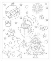 Coloring page of a decorated Christmas tree with gifts. Vector black and white illustration on white background.