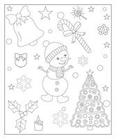 Coloring page of a decorated Christmas tree with gifts. Vector black and white illustration on white background.