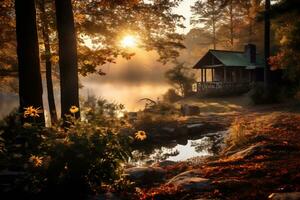 amanecer terminado un bosque paisaje con otoño follaje ai generativo foto