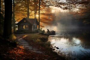 amanecer terminado un bosque paisaje con otoño follaje ai generativo foto