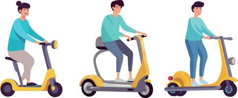 personas montando eléctrico scooter. vector ilustración en plano dibujos animados estilo.