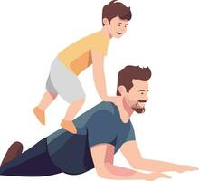 Father and son doing push-ups. Vector illustration in cartoon style.