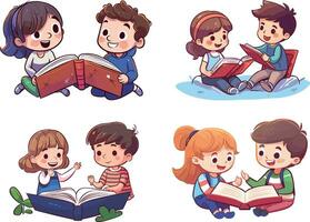 Cartoon kids reading books in the garden. Vector illustration isolated on white background.