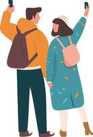 Tourists with backpacks are taking a selfie. Vector illustration.