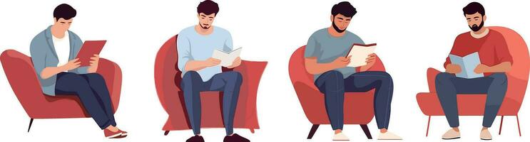 personas sentado en sillones, leyendo libros, estudiando, estudiando. vector ilustración
