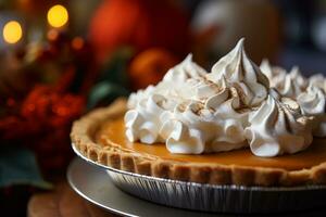 un imagen de un cerca arriba Disparo de un delicioso calabaza tarta ai generativo foto