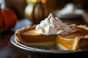 A picture of a close up shot of a delicious pumpkin pie AI Generative photo