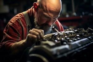 experto mecánico trabajando en automotor reparar tienda ai generativo foto