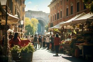 un foto de un bullicioso calle mercado en Roma ai generativo