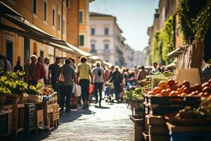 un foto de un bullicioso calle mercado en Roma ai generativo