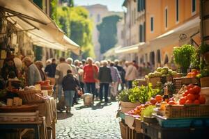 un foto de un bullicioso calle mercado en Roma ai generativo