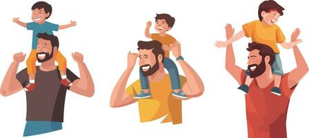 Fathers day. Dad and son spend time together. Dad carries his son on his shoulders. Vector illustrat