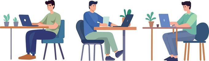 Freelance, remote work. Freelance, online education, work at home. Freelance man working on laptop, vector