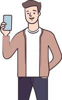 Illustration of a young man using a mobile phone while standing viewed from the side set on isolated vector