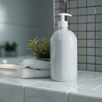 A white bottle of shampoo stands on the table in bathroom. AI Generative photo