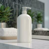 A white bottle of shampoo stands on the table in bathroom. AI Generative photo