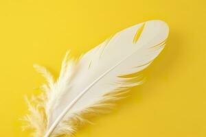 Close up of bright white feather. Copy space, yellow background. Fashion and Party concept. AI Generative photo