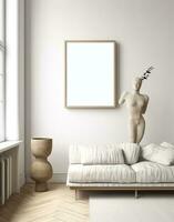 Mockup frame in contemporary Scandinavian living room interior, 3d render. AI Generative photo