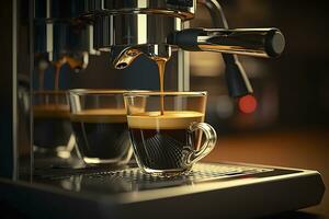 A professional coffee machine preparing an espresso coffee in a glass cup,  AI Generative photo