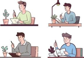 vector student is sitting at his desk and studying hard