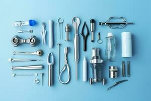 top view on various medical equipment, light blue background, copy space, AI Generative photo