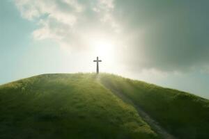 The cross of God with green Leaf, in the rays of the sun and blue sky. Cross on the hill with green trees and graeen natural view. Religious concept, AI Generative photo