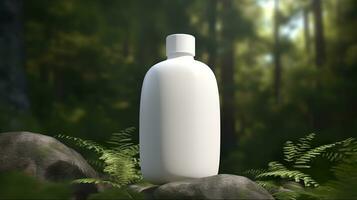 natural cosmético producto presentación entre bastidores. al aire libre bosque colocación. blanco blanco tarro champú botella. 3d. ai generativo foto