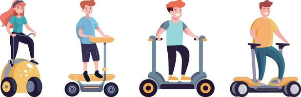 Set of people riding electric scooters. Vector illustration in flat style