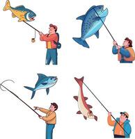Vector sea life illustration a fish is hanging while a fisherman is pulling a fishing pole