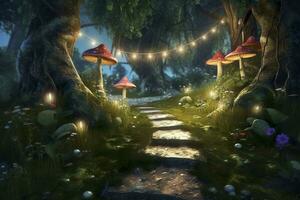 background fairy wood with a single path, zoom on a small portion of the path and add trees, moss, fireflies and mushrooms as additional decorations. AI Generative photo