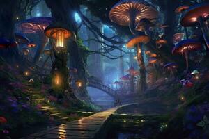 the forest is lit up with mushrooms and flowers, in the style of realistic fantasy artwork, fantastical street, dark emerald and light cyan, AI Generative photo