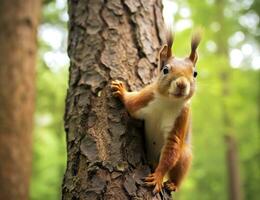 Beautiful squirrel on a tree in a forest park in the summer. Generative AI photo