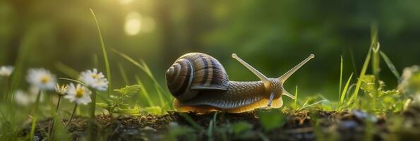 un viaje mediante el bosque. de cerca de un caracol en el bosque con natural antecedentes. ai generativo foto