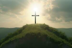 The cross of God with green Leaf, in the rays of the sun and blue sky. Cross on the hill with green trees and graeen natural view. Religious concept, AI Generative photo