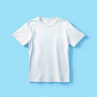 sencillo blanco camiseta en suave azul antecedentes. ai generativo foto