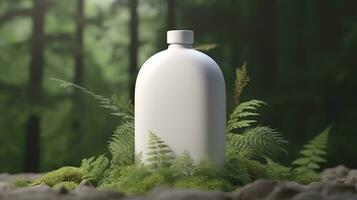 natural cosmético producto presentación entre bastidores. al aire libre bosque colocación. blanco blanco tarro champú botella. 3d. ai generativo foto