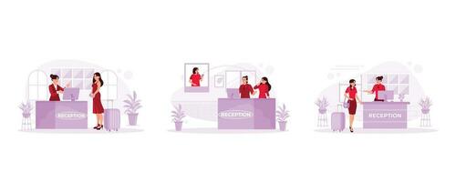 Friendly receptionist serving beautiful travellers. Two receptionists work. The receptionist smiled. Hotel Receptionist concept. Set Trend Modern vector flat illustration