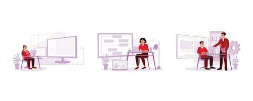 Professional expert HTML database structure screen. Industrial Electronic Design Software Screen. A designer explains web code to another designer. Computer Programming concept. vector