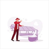 Water pumps and solar panels. Farmers use solar water pumps to irrigate agricultural fields. The concept of sustainable agriculture. Trend Modern vector flat illustration.