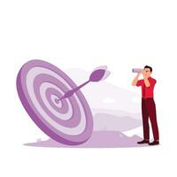 The target is hit in the middle, the arrow is in the middle of the target, and the businessman is looking at the results of the arrow shot. vector