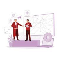 The CEO introduces the Chief Software Engineer, who presents the new product on stage. Providing motivation and technology science. Introduce An Idea concept. Trend Modern vector flat illustration