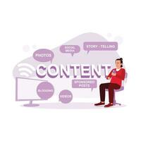 Young people create content on social media. Photo content, storytelling, video, blogging. Blog Creation concept. Trend Modern vector flat illustration