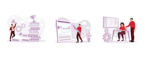 Businessman jumping and carrying trophy in hand. Businessman analyzing charts and graphs of successful company performance. The screen displays CAD software. Project Management concept. vector