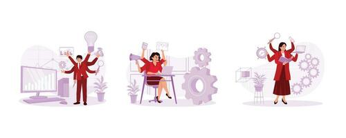 Businessman in a suit with many hands. Busy doing lots of work simultaneously in front of the laptop. Businesswoman with many hands. Multitasking concept. Set Trend Modern vector flat illustration