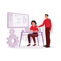 Businesswoman working in front of the laptop, a screen showing CAD software. The male manager explains work specifics. Project Management concept. Trend Modern vector flat illustration