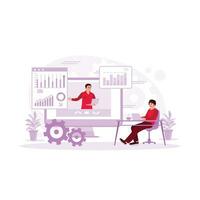 Businessman working in front of laptop holding the online meeting. Analyze graphs, statistics and data. Project Management Concept. Trend Modern vector flat illustration