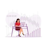 mujer de negocios analizando valores comercio cartas vía un computadora pantalla en un moderno oficina. financiero comercio y invertir concepto. tendencia moderno vector plano ilustración