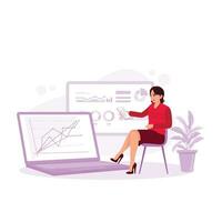 Businesswoman is looking at a laptop monitor. Investor broker analyzing indices, trading online investment data on stock market charts. Trend Modern vector flat illustration